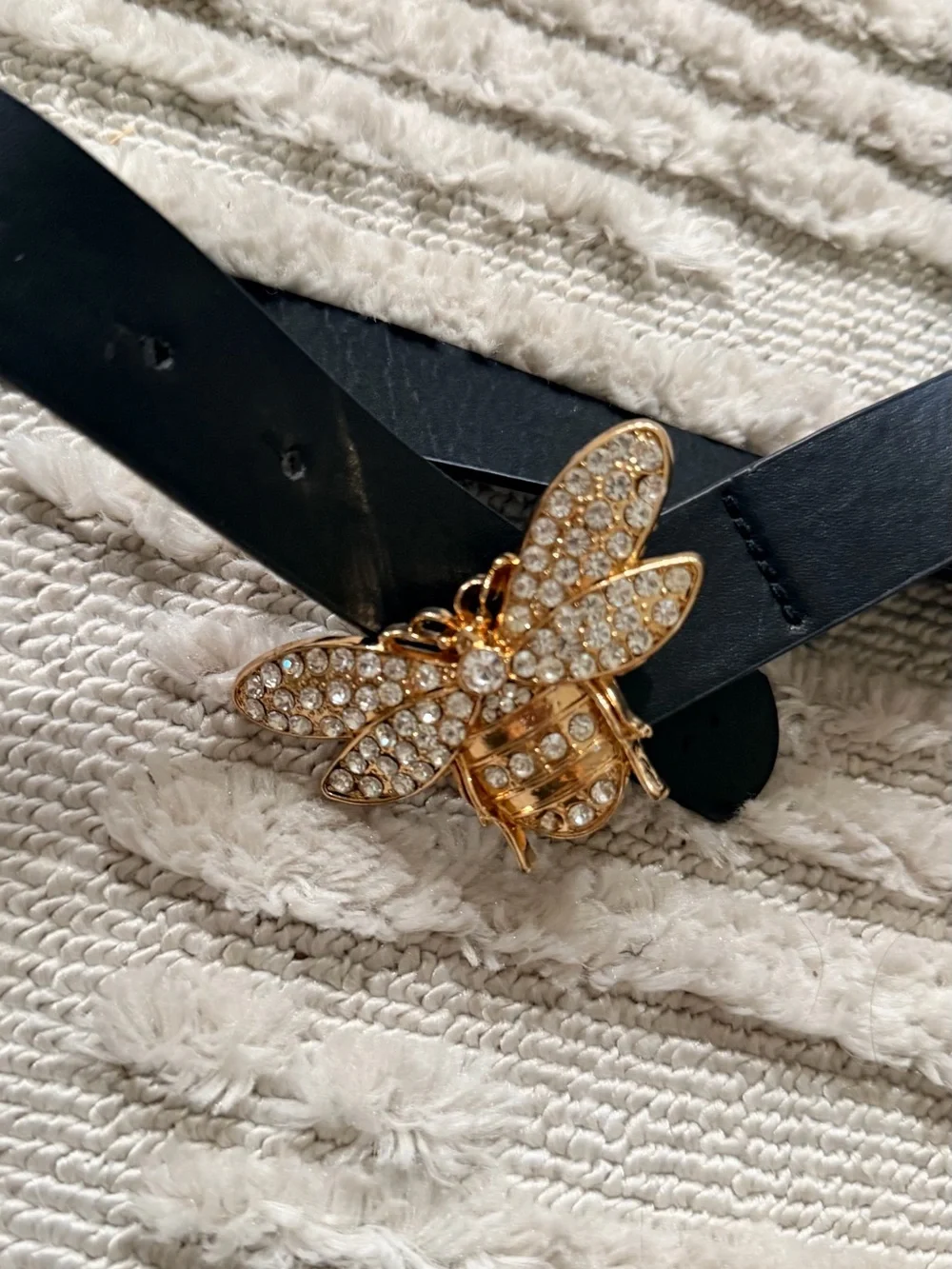 Black Women's Belt with Gold Crystal Bee Buckle